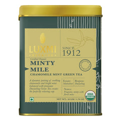 Luxmi Estates Minty Mile Chamomile Mint Green Tea - 50gm Tin, 1.7 Ounce, Pack Of 2 | USDA Certified Organic Green Tea - Low Caffeine Chamomile Green Tea