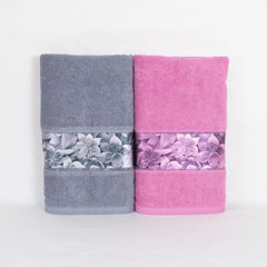 Rangoli 100% Cotton Fibre Bath Towels 1000 Gsm | Highly Durable & Absorbent With Printed Border | Quick Drying Towels (Pink & Grey) - Pack Of 2
