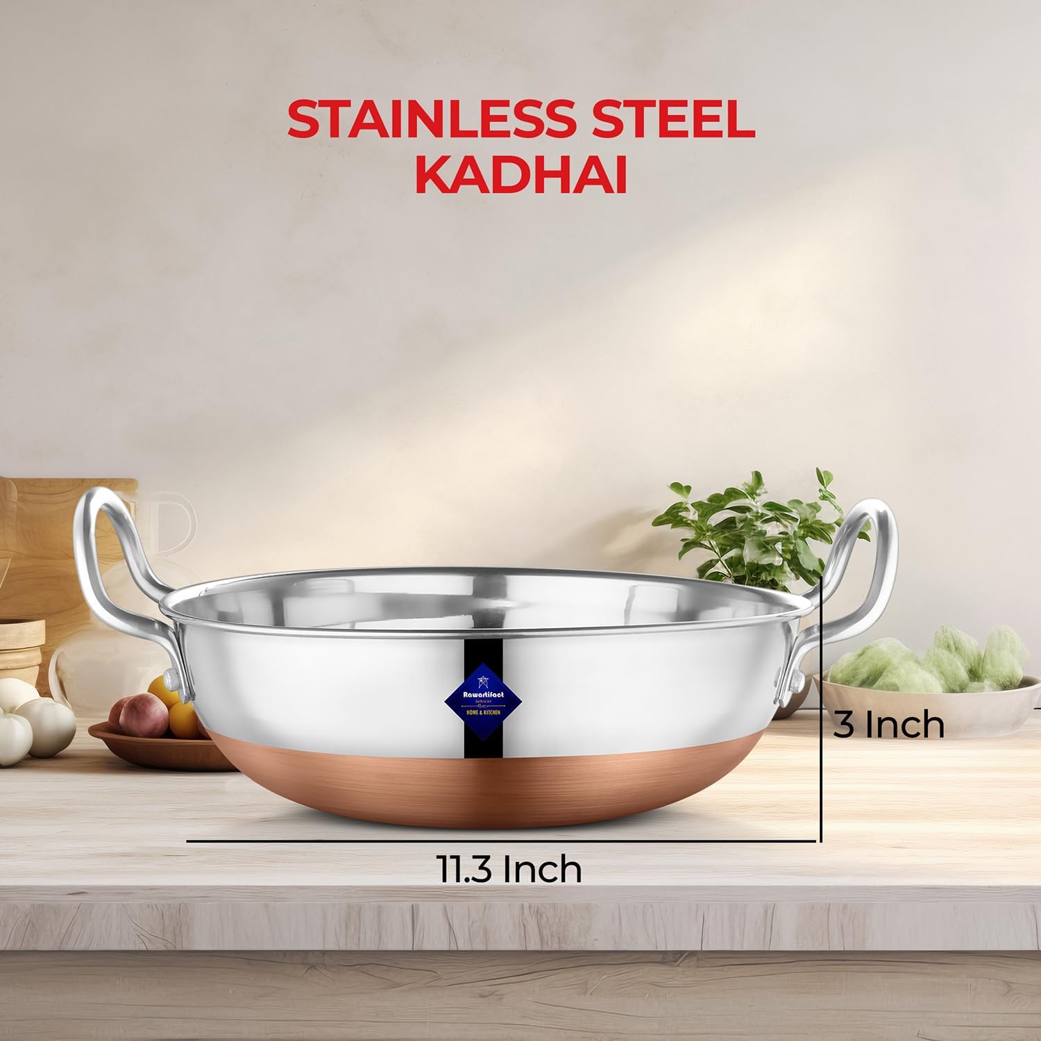 Silver Stainless Steel Kadhai With Copper Bottom - Pot Pans For Frying | Cookware Premium Heavy Gauge Steel Kadhai 2000ml Silver Stainless Steel Kadhai With Copper Bottom - Pot Pans For Frying | Cookware Premium Heavy Gauge Steel Kadhai 2000ml