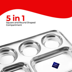Silver Stainless Steel Square Dinner Partition Plate With 3-5 Sections Divided | Mess Trays For Adults Lunch, Pav Bhaji Plate, Camping, Events