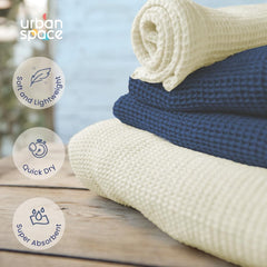 Urban Space 100% Cotton Waffle 2 Bath, 2 Hand & 2 Face Towels 1500 Gsm | Breathable & Absorbent Cotton Fabric Towel (Beige & Navy Blue) -Set Of 6