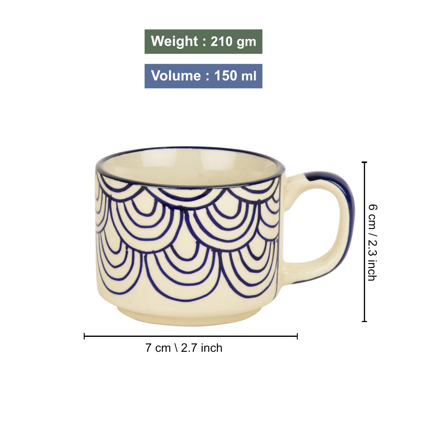 Hand Painted Blue Spiral Ceramic Cups Set Of 6 - Blue, 150ml Each | Microwave & Dishwasher Safe Tea Cups & Mugs - Cups For Chai, Coffee, Cappuccino, Milk, Latte, Hot & Cold Drinks Hand Painted Blue Spiral Ceramic Cups Set Of 6 - Blue, 150ml Each | Microwave & Dishwasher Safe Tea Cups & Mugs - Cups For Chai, Coffee, Cappuccino, Milk, Latte, Hot & Cold Drinks