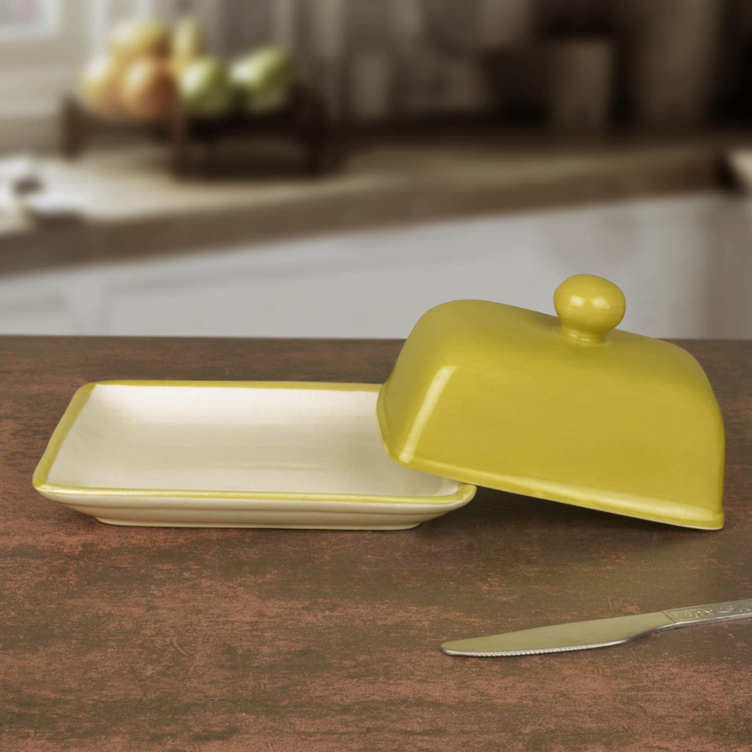 Glazed Ceramic Butter Dish With Lid - Lime Green, Height: 8 Cm | Butter Serving Set - Butter Container For 500 Gm Glazed Ceramic Butter Dish With Lid - Lime Green, Height: 8 Cm | Butter Serving Set - Butter Container For 500 Gm