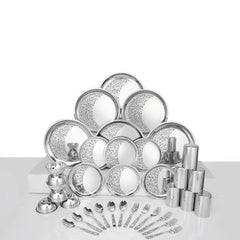 Designer Stainless Steel Delight Laser Bloom Leaf Dinner Set Of 36 Pieces, Silver | 6 Dinner Plates+ 6 Side Plates+ 6 Glasses+ 6 Bowls+ 6 Dessert Spoons+ 6 Dessert Fork