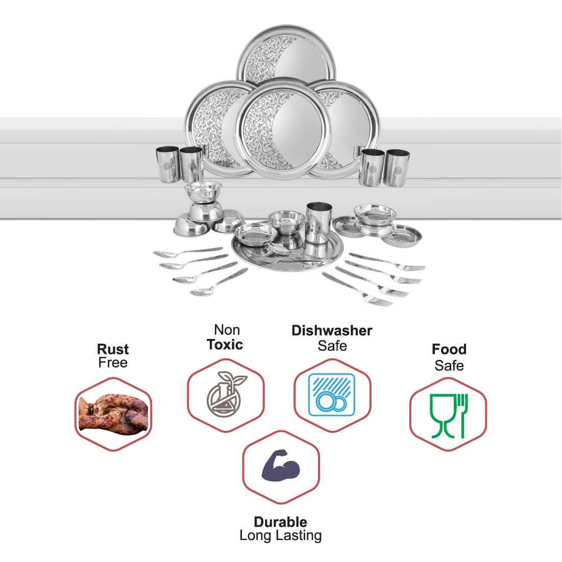 Designer Stainless Steel Shagun Laser Bloom Dinner Set Of 30 Pieces, Silver | 5 Dinner Plate+ 5 Glass+ 5 Bowl+ 5 Pudding Bowl+ 5 Dinner Spoon+ 5 Dinner Fork Designer Stainless Steel Shagun Laser Bloom Dinner Set Of 30 Pieces, Silver | 5 Dinner Plate+ 5 Glass+ 5 Bowl+ 5 Pudding Bowl+ 5 Dinner Spoon+ 5 Dinner Fork
