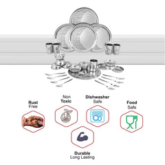 Designer Stainless Steel Shagun Laser Bloom Dinner Set Of 30 Pieces, Silver | 5 Dinner Plate+ 5 Glass+ 5 Bowl+ 5 Pudding Bowl+ 5 Dinner Spoon+ 5 Dinner Fork