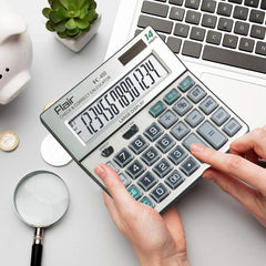 Flair Fc-450 Desktop Series Basic Calculator | 14 Digits Calculator | Special Keys With Key Guard | Best Key Layout | Dual Power With Solar | Auto Replay | 99 Steps Check & Correct | Grey