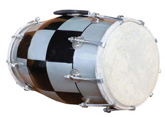 Indian Musical Instrument Check Design Bolt Fitting Wooden Dholak - Black & White | Perfectly Symmetric Round Dholak Nickel Plated Bolts & Nuts - Mini Dholak For Festival, Wedding, Satsang