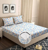 Microfiber All Round Elastic Fitted Bedsheets For King Size Bed With 2 Pillow Covers | 72X68+ 6 Inches, Off White & Blue - Breathable & Long Lasting Bedsheet