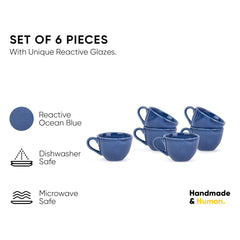 Ceramic Tea Cups Set Of 6 - Blue Reactive, 200ml Each | Tea Cup Set With Glossy Finish - Ceramic Tea Cup Set | Tea Cups Only - Microwave Safe & Dishwasher Safe