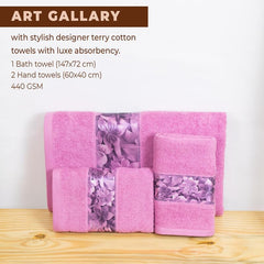 Rangoli 100% Cotton Fibre 1 Bath & 2 Hand Towels 900 Gsm | Highly Durable & Absorbent With Printed Border | Quick Drying Towels (Pink)