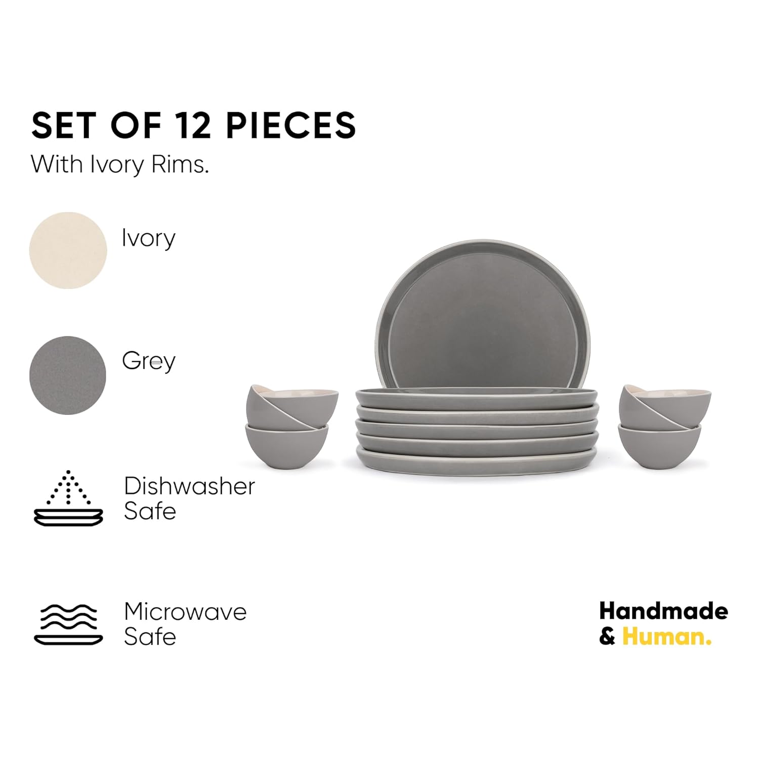 Ceramic Dinner Set Of 12 Pcs, Grey | Crockery Set For Dining Table - Dining Sets Crockery Items | Glossy Finish Premium Stoneware - 6 Dinner Plates + 6 Veg Small Bowls, 180ml Each Ceramic Dinner Set Of 12 Pcs, Grey | Crockery Set For Dining Table - Dining Sets Crockery Items | Glossy Finish Premium Stoneware - 6 Dinner Plates + 6 Veg Small Bowls, 180ml Each