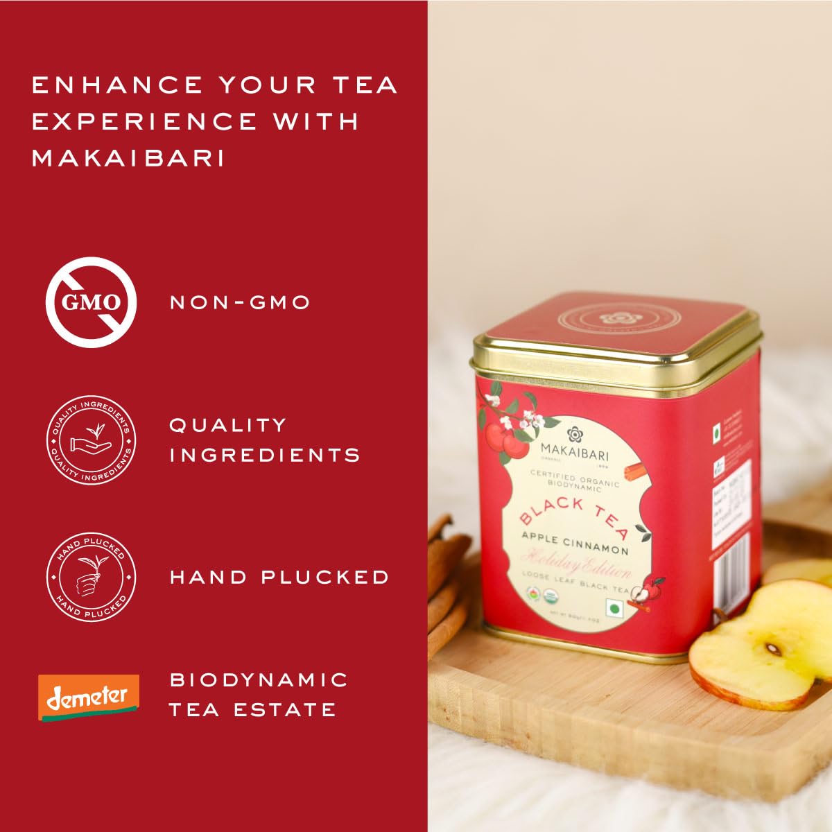 Makaibari Holiday Edition - Apple Cinnamon Loose Leaf Black Tea - 50gm Tin Caddy, 1.7 Ounce | USDA Certified Premium Tea - High Caffeine Black Tea | Anti-Oxidants, Immunity Booster Makaibari Holiday Edition - Apple Cinnamon Loose Leaf Black Tea - 50gm Tin Caddy, 1.7 Ounce | USDA Certified Premium Tea - High Caffeine Black Tea | Anti-Oxidants, Immunity Booster