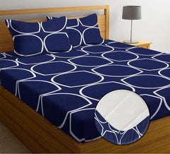 Premium Cotton Elastic Fitted Bedsheets With 2 King Size Pillow Covers - 72 X 78 + 10 Inches, Blue & White | Super Soft Brushed Glace | Breathable & Wrinkle Free