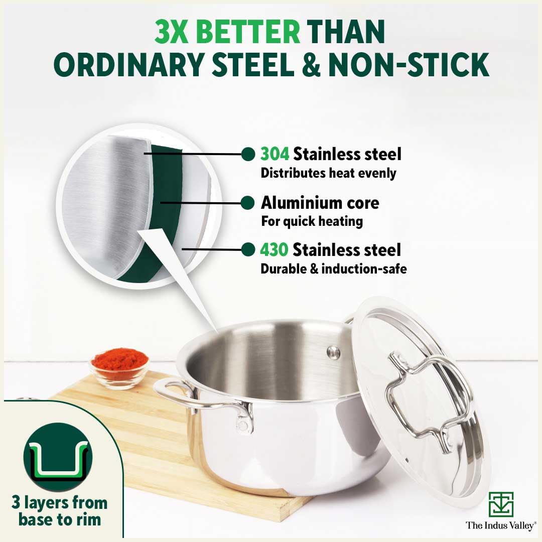 Triply Stainless Steel Stock Pot Or Casserole With Steel Lid | Very Small, 20cm, 7.8 Inch, 2.1 Liters, 1.3 Kg - Induction Friendly, Nonstick 3-Layer Body, 100% Pure & Toxin-Free Triply Stainless Steel Stock Pot Or Casserole With Steel Lid | Very Small, 20cm, 7.8 Inch, 2.1 Liters, 1.3 Kg - Induction Friendly, Nonstick 3-Layer Body, 100% Pure & Toxin-Free