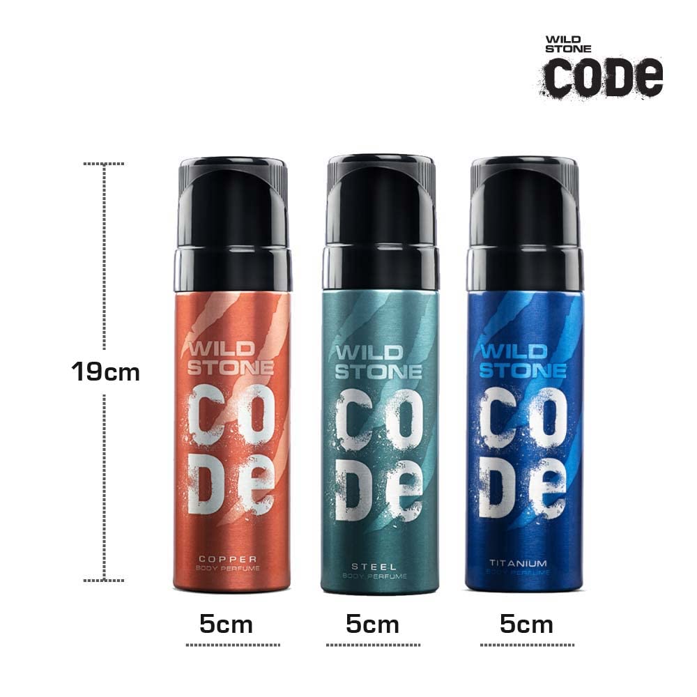 Wild Stone Code Steel, Copper & Titanium Body Perfume 450ml 15.2 Fl.oz. For Men Pack Of 3 | Best Office Wear Fragrance Wild Stone Code Steel, Copper & Titanium Body Perfume 450ml 15.2 Fl.oz. For Men Pack Of 3 | Best Office Wear Fragrance