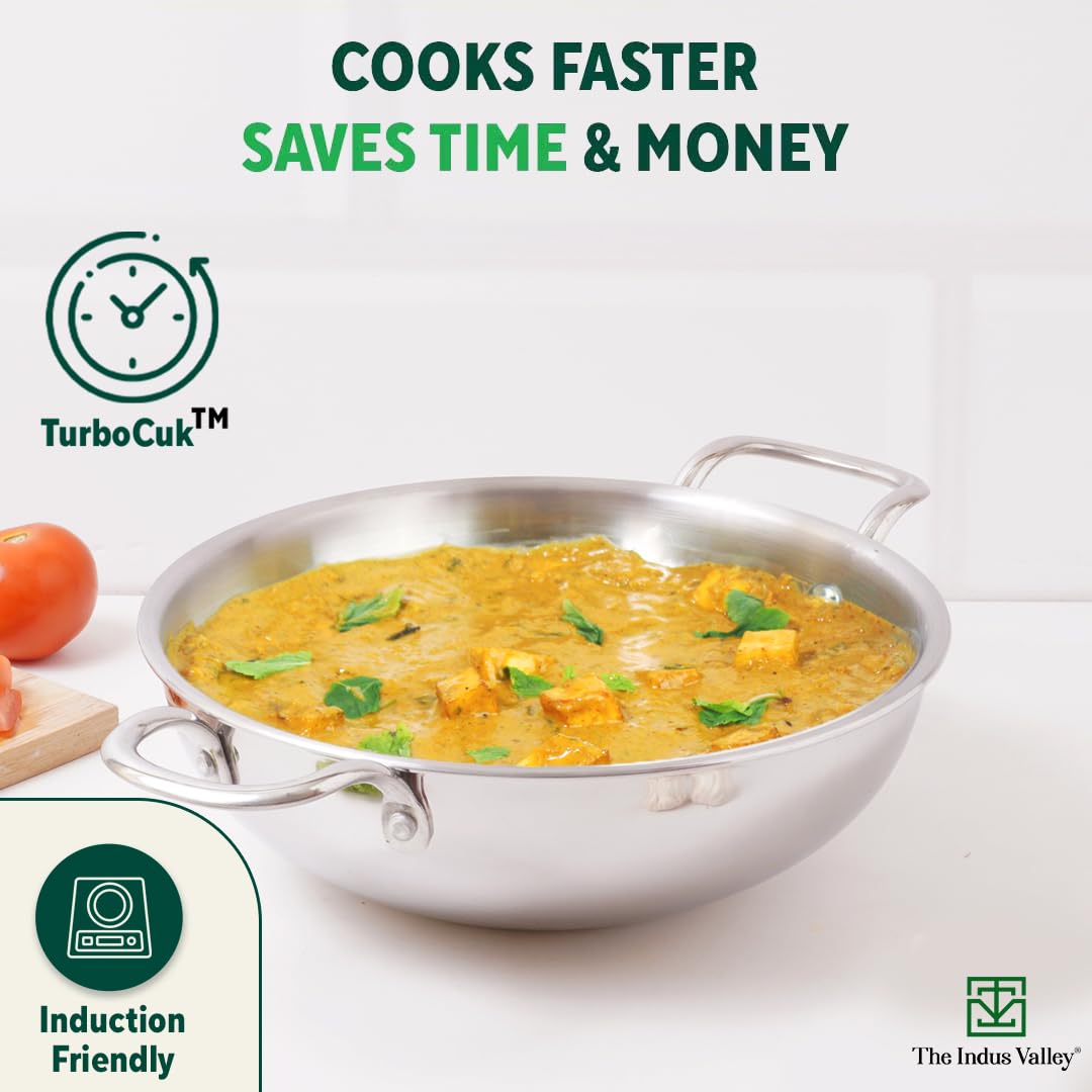 Triply Stainless Steel Cookware Set + Free Wooden Chopping Board | Kadai 23.4cm, 2.7 Liters + Stock Pot 16.7cm, 1.4 Liters - Pack Of 3 | Induction Friendly, Nonstick 3-Layer Body, 100% Pure & Toxin-Free Triply Stainless Steel Cookware Set + Free Wooden Chopping Board | Kadai 23.4cm, 2.7 Liters + Stock Pot 16.7cm, 1.4 Liters - Pack Of 3 | Induction Friendly, Nonstick 3-Layer Body, 100% Pure & Toxin-Free