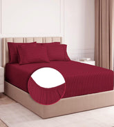 Double Bedsheets Queen Size With 2 Pillow Covers - Size-60 X72+8 Inches, Maroon | All Around Elastic 220 TC Super Soft Striped Pattern Breathable