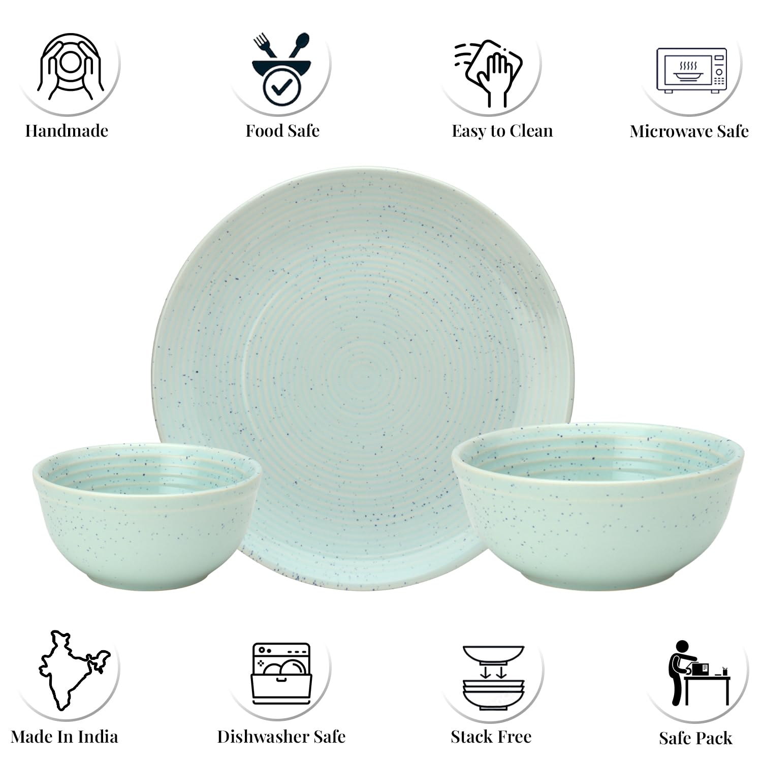Handcrafted Ceramic Stoneware Dinner Set Of 20 Pcs With Serving Bowl Set - Mint Green | 6 Dinner Plates, 10.6 Inch Each + 12 Salad Bowl, 180ml Each+ 2 Serving Bowl, 1000ml Each | Serving For 6 Handcrafted Ceramic Stoneware Dinner Set Of 20 Pcs With Serving Bowl Set - Mint Green | 6 Dinner Plates, 10.6 Inch Each + 12 Salad Bowl, 180ml Each+ 2 Serving Bowl, 1000ml Each | Serving For 6