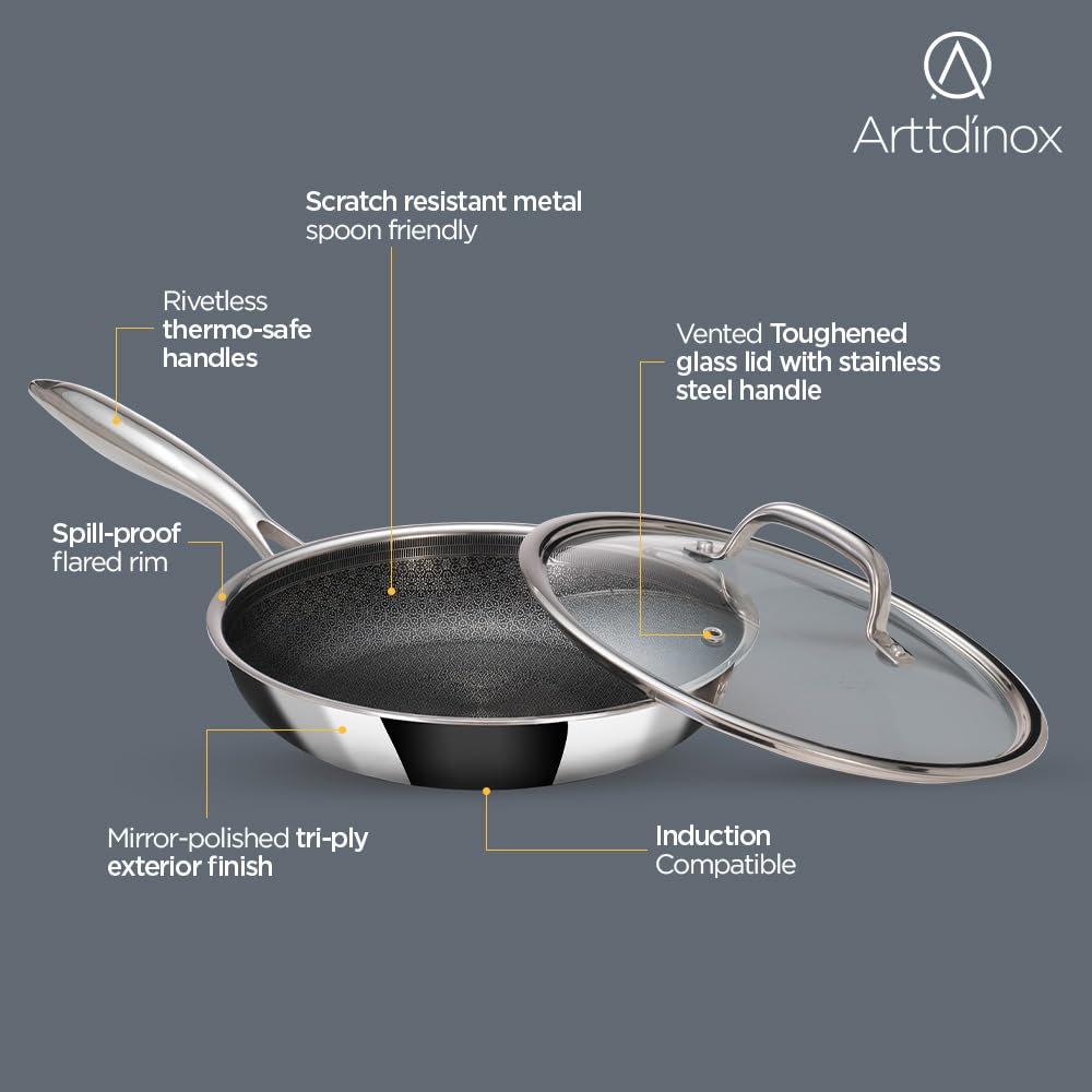 Stellar Stainless Steel Frypan With Lid - 26 Cm, 2.1 Liters | Rivet Less Handle - Induction & Gas Base, Etched Non Stick PTFE Fry Pan Stellar Stainless Steel Frypan With Lid - 26 Cm, 2.1 Liters | Rivet Less Handle - Induction & Gas Base, Etched Non Stick PTFE Fry Pan