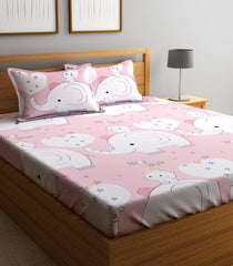 Elastic Fitted Kids Elephant & Kitty Double Bedsheet 2 King Size Pillow Covers, Baby Pink (90x92 Inches) | Lightweight, Soft & Breathable - Perfect For Gifting Bedsheet
