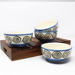 Blue Swirl Hand Painted Ceramic Dining Bowl Katoris - 6 Pieces, 180ml Each | Ceramic Bowls - Serving Bowls For Dinner, Snacks & Dessert - Microwave Safe