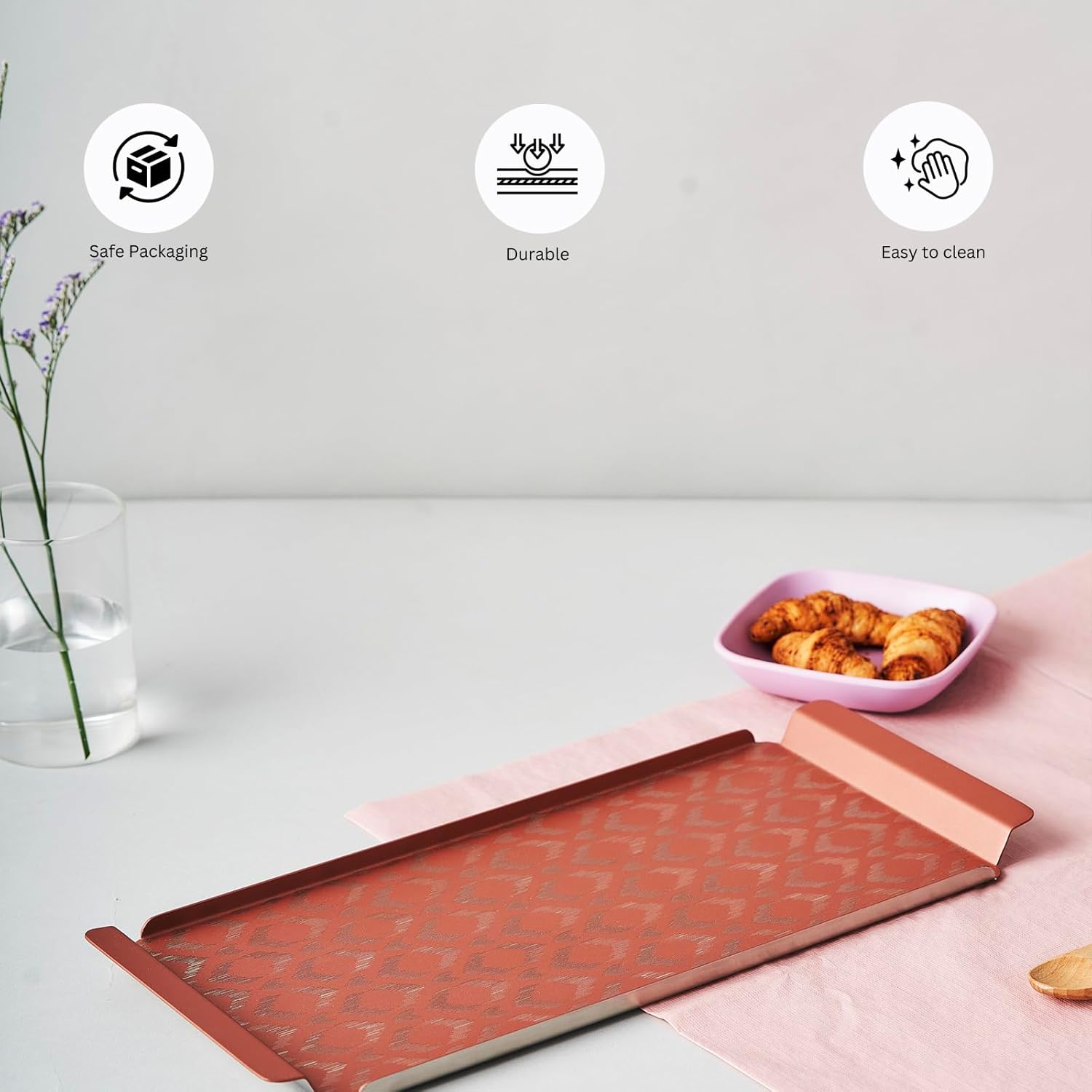 Designer Pink Stainless Steel Tray - Large, Ikat Series | Multipurpose Serving Platter - Premium Serve Ware, Dinnerware & Tableware Designer Pink Stainless Steel Tray - Large, Ikat Series | Multipurpose Serving Platter - Premium Serve Ware, Dinnerware & Tableware