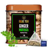Blue Tea Caffeine Free Ginger Moringa Herbal Tea - 18 Pyramid Tea Bags In Tin Pack | Enhances Immune System - Gluten Free, Non-GMO