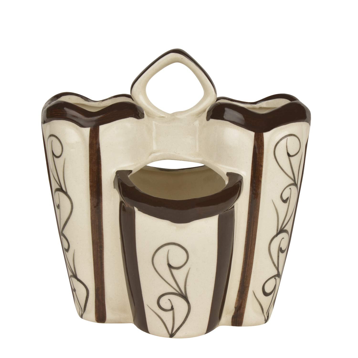 Hand Painted Ceramic Kitchen Cutlery Stand - White & Brown, Height - 16.5 Cm | Pen Stand, Spoon Holder - Toothbrush Stand | Organizer Hand Painted Ceramic Kitchen Cutlery Stand - White & Brown, Height - 16.5 Cm | Pen Stand, Spoon Holder - Toothbrush Stand | Organizer