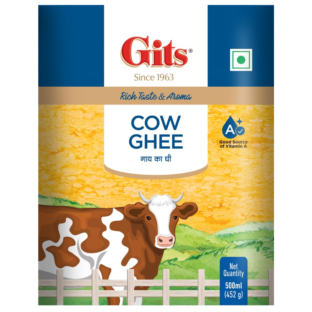 Natural Premium Desi Cow Ghee By Gits | Good Source Of Vitamin A, Delicious Healthy & Nutritious Pure Cow Ghee Perfect For Boost Immunity | (500ml) 16.9 Ounce | Tin Pack