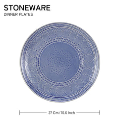 Ceramic Hand Glazed Stoneware Embossed Large Dinner Plates Set Of 4 - 10.6 Inch, Mist Blue | Microwave Safe & Dishwasher Safe - Full Plate Set