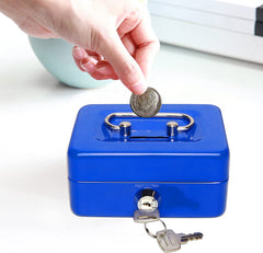 Portable Locking Small Cash Box For Money, Pocket Money Box With Key Lock, Money Slot, Double Layer 2 Keys For Security, Durable Cash Box With Tray, Colour - Blue, Material - Alloy Steel