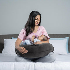 Feeding Pillow For New Born Baby, 5 In 1 Nursing Pillow With Belt, Charcoal Grey | Hoop For Breast Feeding With Velvet Removable Cover | Adjustable Pillow, For Reading, Resting Pillow