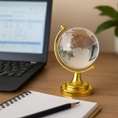 Luxury Crystal Globe With Golden Stand, For Desk Or Office Decor, Modern Decorative Glass Globe With Etched Continents (Gold & White) Medium, Pack Of 1
