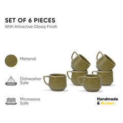 Ceramic Oblique Tea Cups Set Of 6 - Mehndi Green, 200ml Each | Cup Set - 6 Cups Only | Glossy Finish Tea Set | Ceramic Tea Cup Set | Microwave Safe & Dishwasher Safe