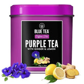 Blue Tea Caffeine Free Purple Tea With Ginger & Lemon - 50gm Tin, 1.7 Ounce, 50 Cups | Flower Based Gifting Delight Tea - Gluten Free, Non-Bitter | No Added Colors, No Preservatives