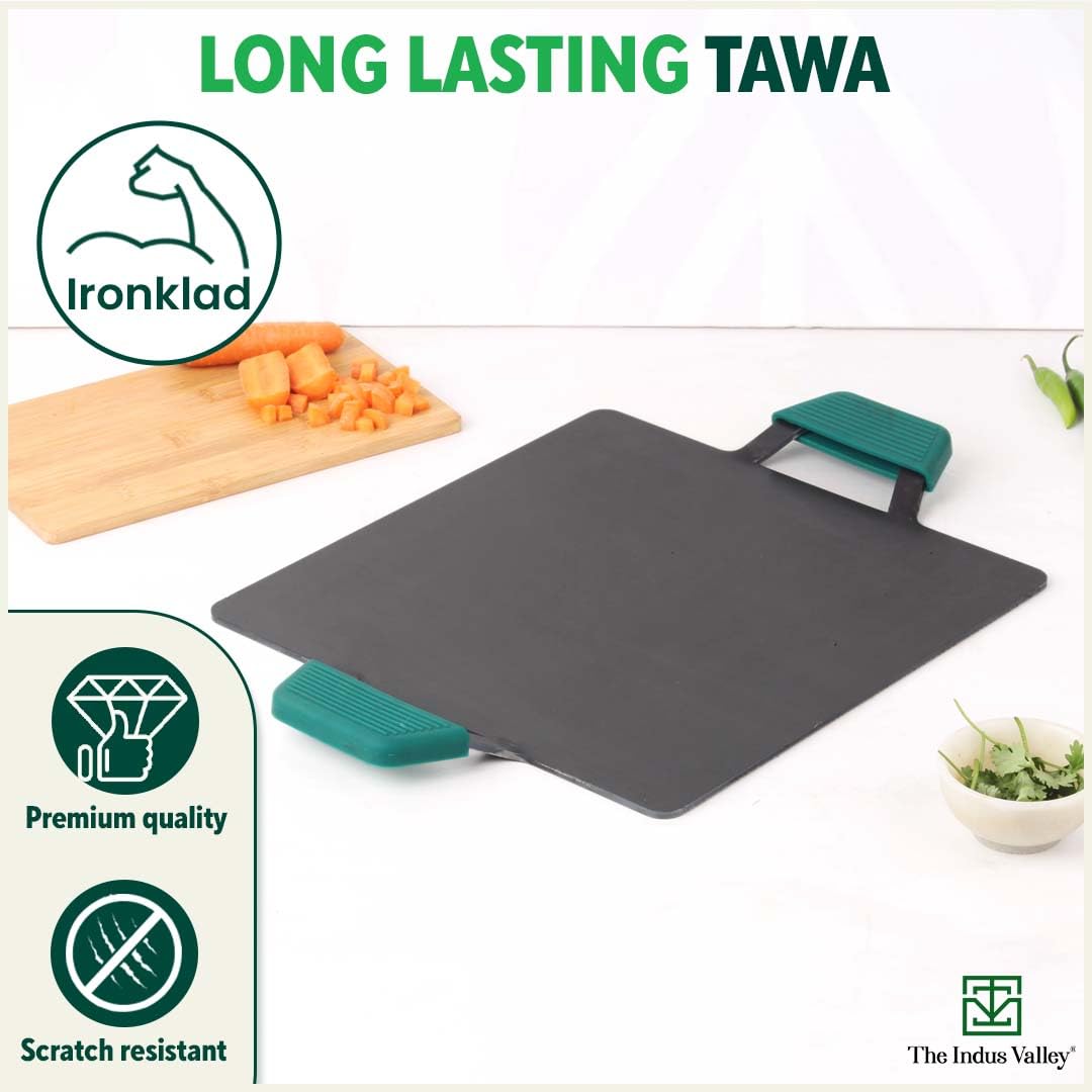 Pre-Seasoned Black Square Iron Tawa With Twin Handle & Silicon Grip - 30.4 Cm, 12 Inch, 3.1 Kg | Induction Friendly, Pre-Seasoned Tawa, 100% Pure & Toxin-Free, No Chemical Coating Pre-Seasoned Black Square Iron Tawa With Twin Handle & Silicon Grip - 30.4 Cm, 12 Inch, 3.1 Kg | Induction Friendly, Pre-Seasoned Tawa, 100% Pure & Toxin-Free, No Chemical Coating