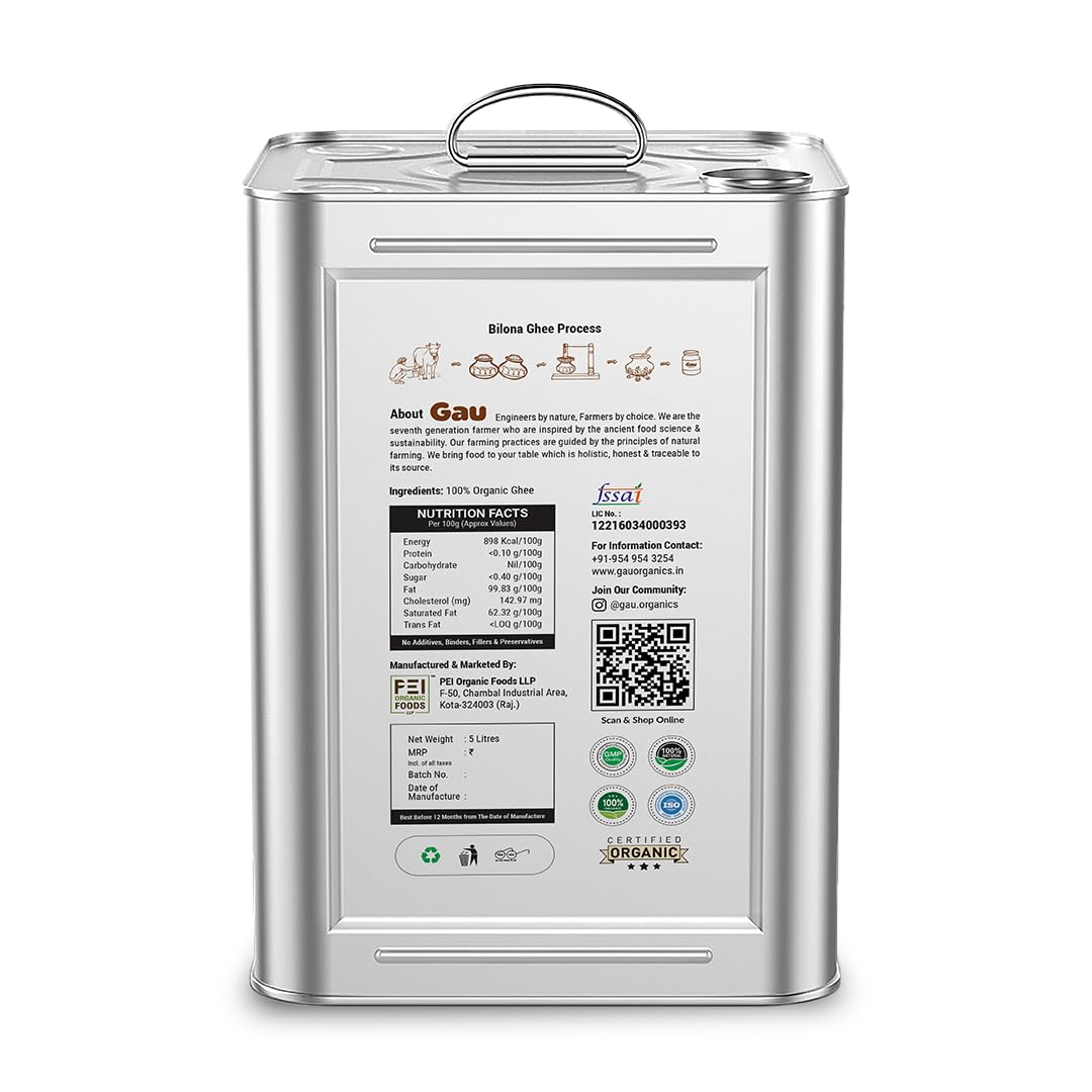 Pure Gir Cow Ghee By Gau Organics | Natural Hand Made Curd Churned Desi Ghee Good For Improves Digestion | (5 Litr) 169.0 Ounce | Tin Pack Pure Gir Cow Ghee By Gau Organics | Natural Hand Made Curd Churned Desi Ghee Good For Improves Digestion | (5 Litr) 169.0 Ounce | Tin Pack