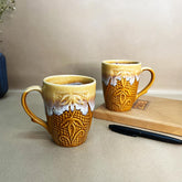 Handcrafted Brown Snow Drip Carved Ceramic Coffee Mug Set Of 2 - 350ml Each | Ceramic Mugs For Coffee, Tea, Milk - Microwave Safe & Leak Proof