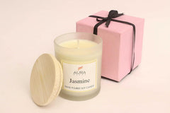 JASMINE FRAGRANCE SOY WAX GLASS CANDLE WITH WOODEN LID & COMES GIFT BOX CANDLE