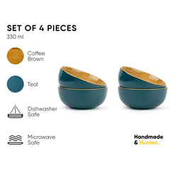 Ceramic Bowl Set Of 4 Pieces For Snacks - 330ml Each, Teal Green | Maggie Bowl, Noodle Bowl With Glossy Finish - Premium Stoneware | Microwave Safe & Dishwasher Safe