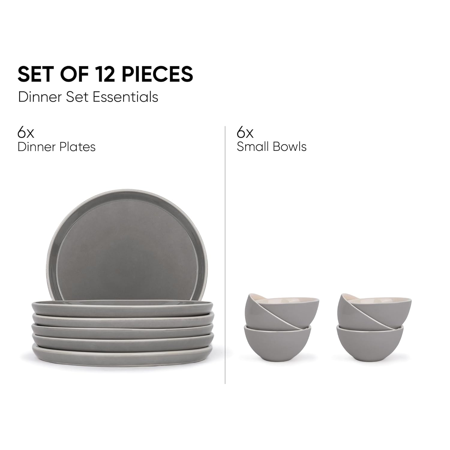 Ceramic Dinner Set Of 12 Pcs, Grey | Crockery Set For Dining Table - Dining Sets Crockery Items | Glossy Finish Premium Stoneware - 6 Dinner Plates + 6 Veg Small Bowls, 180ml Each Ceramic Dinner Set Of 12 Pcs, Grey | Crockery Set For Dining Table - Dining Sets Crockery Items | Glossy Finish Premium Stoneware - 6 Dinner Plates + 6 Veg Small Bowls, 180ml Each