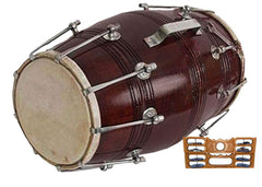 Wooden Nut & Rope Goat Skin Dholak With Khartal, Beautiful Shiny Color Dip Brown 01 - Perfectly Symmetric Round Dholak | Dholak For Festival, Wedding, Satsang - Very Easy To Tune, Easy To Learn