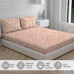 100% Cotton King Size Double Bedsheet Set With 2 Pillow Covers - 107 X 107 Inches, Beige | Good For Villas, Resorts, Guest Houses, & Daily Home Use
