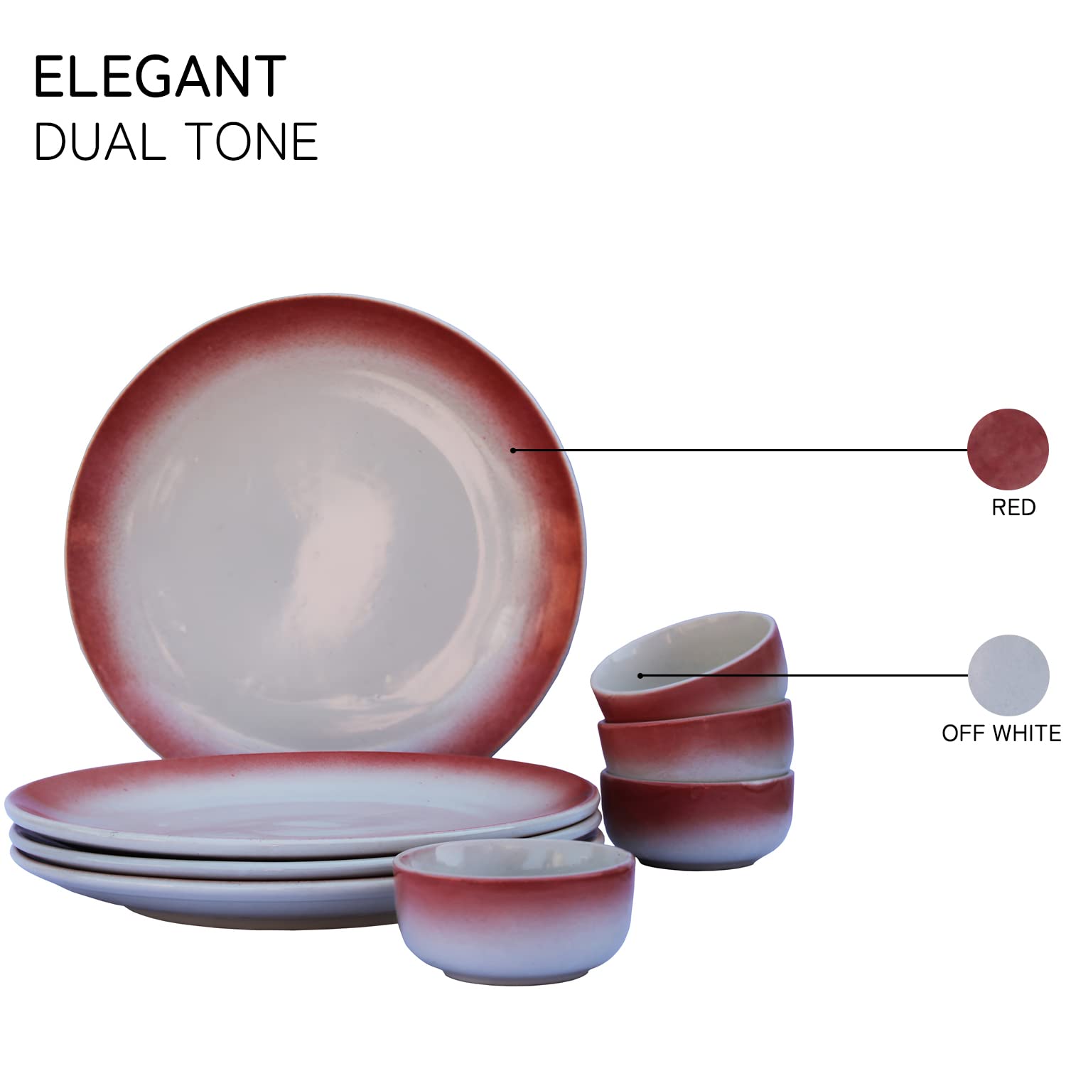 Handcrafted Ceramic Stoneware Dinner Set Of 4 - Ceramic Pack Of 8 Pcs, Red & Off White | 4 Dinner Plates + 4 Bowl Or Katori, 180ml Each - Microwave & Dishwasher Safe | Serving For 4 Handcrafted Ceramic Stoneware Dinner Set Of 4 - Ceramic Pack Of 8 Pcs, Red & Off White | 4 Dinner Plates + 4 Bowl Or Katori, 180ml Each - Microwave & Dishwasher Safe | Serving For 4