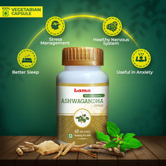 Lama Ashwagandha Capsule (Withania Somnifera), With Pure Natural Extracts Of Ashwagandha, Helps In Stress Management, Improve Energy, 500mg | 60 Veg Capsules 100gm 0.2lbs