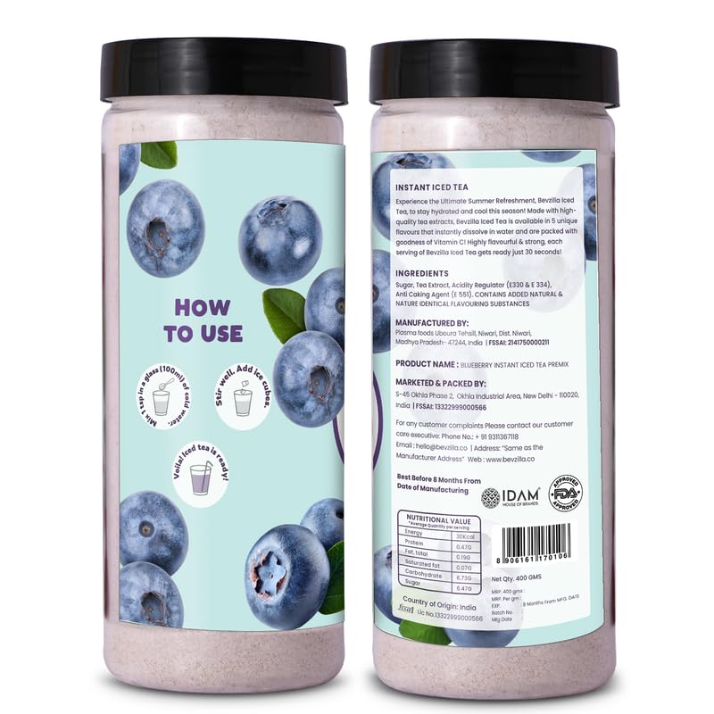 Bevzilla Blueberry Instant Iced Tea Mix - 400gm, 14.1 Ounce | Quick Ready In 30 Seconds - Perfect Refreshing Summer Drink | Easy To Carry Anywhere - Low Caffeine Bevzilla Blueberry Instant Iced Tea Mix - 400gm, 14.1 Ounce | Quick Ready In 30 Seconds - Perfect Refreshing Summer Drink | Easy To Carry Anywhere - Low Caffeine