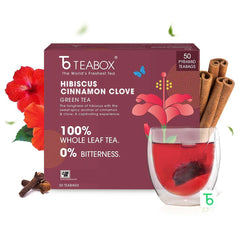 Teabox Hibiscus Cinnamon Clove Green Tea - 50 Pyramid Tea Bags | Natural Hibiscus, Cinnamon & Clove - Antioxidant Rich, Improves Immunity | Low Caffeine, 0% Bitterness