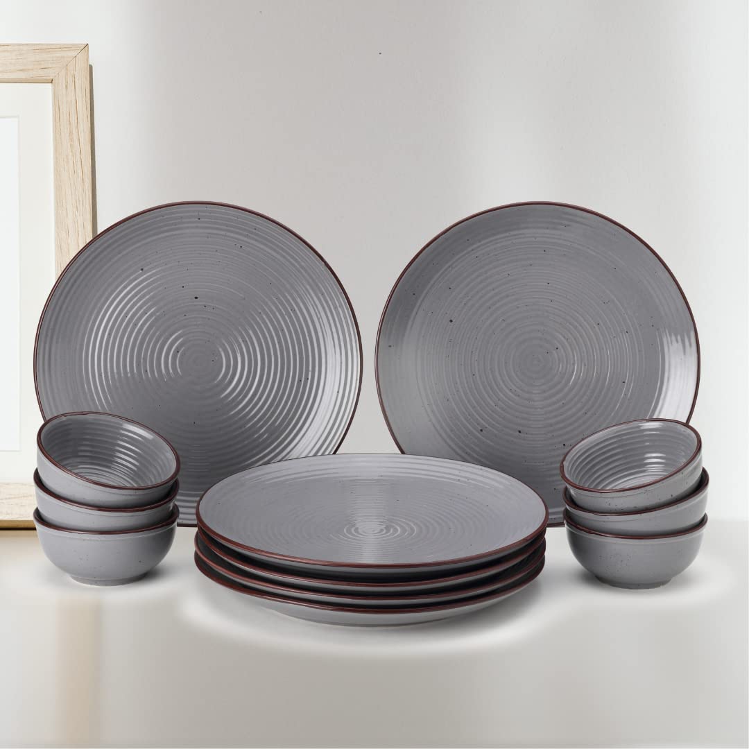 Hand Painted Ceramic Dinner Set Of 12 Pieces Dinnerware Set - Grey | Set Of 6 Dinner Plates + 6 Dinner Katori, 180ml Each - Microwave & Dishwasher Safe Hand Painted Ceramic Dinner Set Of 12 Pieces Dinnerware Set - Grey | Set Of 6 Dinner Plates + 6 Dinner Katori, 180ml Each - Microwave & Dishwasher Safe