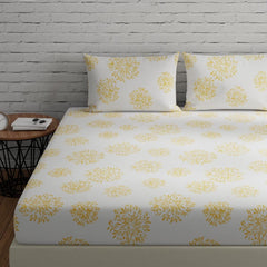 Flat Bedsheet For Double Bed With 2 Pillow Covers - 88 X 96 Inches, White (Yellow Print) | Comfort Fabric Bedsheet Home, Hotel & Guest House
